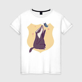 Женская футболка хлопок с принтом Барсук и бабочка в Белгороде, 100% хлопок | прямой крой, круглый вырез горловины, длина до линии бедер, слегка спущенное плечо | animals | бабочка | барсук | барсук и бабочка | животное | зверь | насекомое | сердечко