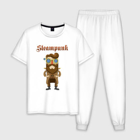 Мужская пижама хлопок с принтом Стимпанк парень Steampunk boy (Z) в Белгороде, 100% хлопок | брюки и футболка прямого кроя, без карманов, на брюках мягкая резинка на поясе и по низу штанин
 | Тематика изображения на принте: steam punk | steamfest | steampunk | бойлерпанк | дизельпанк | клокпанк | маннерпанк | механика | научная фантастика | паро панк | паровой панк | паропанк | стим панк | стимпанк | стимпанк стиль | стимфест