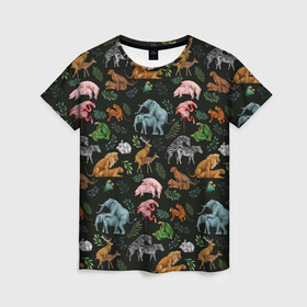 Женская футболка 3D с принтом Дикие Звери Паттерн в Белгороде, 100% полиэфир ( синтетическое хлопкоподобное полотно) | прямой крой, круглый вырез горловины, длина до линии бедер | animals | зайцы | звери | зебры | кошки | лев | леопард | обезьяны | олени | природа | тигры | фламинго | цветы