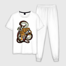 Мужская пижама хлопок с принтом Тигр и Змея Борьба в Белгороде, 100% хлопок | брюки и футболка прямого кроя, без карманов, на брюках мягкая резинка на поясе и по низу штанин
 | beast | snake | tiger | борьба | животные | звери | змеи | зубы | когти | кошки | тигры | узор