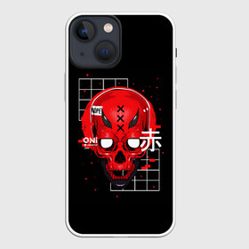 Чехол для iPhone 13 mini с принтом КРАСНЫЙ ЧЕРЕП КИБЕРПАНК в Белгороде,  |  | bones | cyberpunk | geometry | oni | red skull | skull | геометрия | иероглифы | киберпанк | красный череп | они | череп