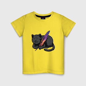 Детская футболка хлопок с принтом Чёрный кот с пёрышком в Белгороде, 100% хлопок | круглый вырез горловины, полуприлегающий силуэт, длина до линии бедер | Тематика изображения на принте: black cat | cats | cute | feather | fluffy | kitten | kitty | playful | pussy | pussycat | британская кошка | британский кот | градиент | играет с пером | киса | котенок | кошечка | кошка | милота | перо | прикол | пус | пусси | пушистый кот 