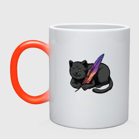 Кружка хамелеон с принтом Чёрный кот с пёрышком в Белгороде, керамика | меняет цвет при нагревании, емкость 330 мл | Тематика изображения на принте: black cat | cats | cute | feather | fluffy | kitten | kitty | playful | pussy | pussycat | британская кошка | британский кот | градиент | играет с пером | киса | котенок | кошечка | кошка | милота | перо | прикол | пус | пусси | пушистый кот 