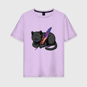 Женская футболка хлопок Oversize с принтом Чёрный кот с пёрышком в Белгороде, 100% хлопок | свободный крой, круглый ворот, спущенный рукав, длина до линии бедер
 | black cat | cats | cute | feather | fluffy | kitten | kitty | playful | pussy | pussycat | британская кошка | британский кот | градиент | играет с пером | киса | котенок | кошечка | кошка | милота | перо | прикол | пус | пусси | пушистый кот 