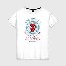 Женская футболка хлопок с принтом Demon Slayer ACADEMY в Белгороде, 100% хлопок | прямой крой, круглый вырез горловины, длина до линии бедер, слегка спущенное плечо | demon slayer | kamado | kimetsu no yaiba | nezuko | tanjiro | аниме | гию томиока | зеницу агацума | иноске хашибира | камадо | клинок | корзинная девочка | манга | музан кибуцуджи | незуко | рассекающий демонов | танджиро