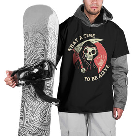 Накидка на куртку 3D с принтом Friendly Grim Reaper в Белгороде, 100% полиэстер |  | Тематика изображения на принте: a | alive | be | friendly | grrim | ok | reaper | time | to | what | дружелюбная | жнец | косой | ок | с | старуха