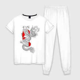 Женская пижама хлопок с принтом Японский Дракон в Белгороде, 100% хлопок | брюки и футболка прямого кроя, без карманов, на брюках мягкая резинка на поясе и по низу штанин | Тематика изображения на принте: akatsuki | beast | dragon | акацуки | дракон | животные | зверь | змей | когти | облако | огонь | узор | чб | японский