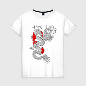 Женская футболка хлопок с принтом Японский Дракон в Белгороде, 100% хлопок | прямой крой, круглый вырез горловины, длина до линии бедер, слегка спущенное плечо | akatsuki | beast | dragon | акацуки | дракон | животные | зверь | змей | когти | облако | огонь | узор | чб | японский