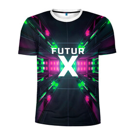 Мужская футболка 3D спортивная с принтом FuturX в Белгороде, 100% полиэстер с улучшенными характеристиками | приталенный силуэт, круглая горловина, широкие плечи, сужается к линии бедра | будущее | киберпанк | крест | неон | технологии