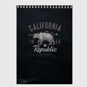 Скетчбук с принтом California republic в Белгороде, 100% бумага
 | 48 листов, плотность листов — 100 г/м2, плотность картонной обложки — 250 г/м2. Листы скреплены сверху удобной пружинной спиралью | bear | california | republic | state | калифорния | медведь | республика