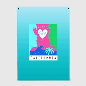 Постер с принтом CALIFORNIA SURF в Белгороде, 100% бумага
 | бумага, плотность 150 мг. Матовая, но за счет высокого коэффициента гладкости имеет небольшой блеск и дает на свету блики, но в отличии от глянцевой бумаги не покрыта лаком | california | love | surf | влюбленные | закат | калифорния | любовь | море | пальма