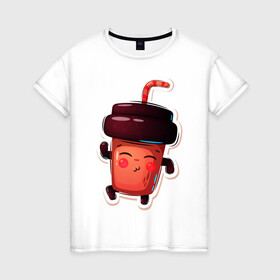 Женская футболка хлопок с принтом Кофейный стаканчик милашка в Белгороде, 100% хлопок | прямой крой, круглый вырез горловины, длина до линии бедер, слегка спущенное плечо | кофе | малышка | милашка | мультяшка | стаканчик