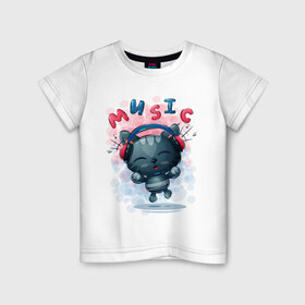 Детская футболка хлопок с принтом Котик милашка в наушниках в Белгороде, 100% хлопок | круглый вырез горловины, полуприлегающий силуэт, длина до линии бедер | животные | котёнок | малышка | меломан | милашка | мультяшка | наушники