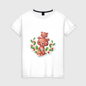 Женская футболка хлопок с принтом Веселые медведи милашки в Белгороде, 100% хлопок | прямой крой, круглый вырез горловины, длина до линии бедер, слегка спущенное плечо | Тематика изображения на принте: веселые | животные | малышка | медведи | медвежонок | милашка | мультяшка