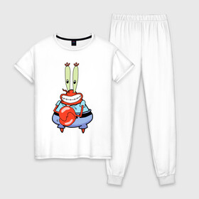 Женская пижама хлопок с принтом Мистер Крабс в Белгороде, 100% хлопок | брюки и футболка прямого кроя, без карманов, на брюках мягкая резинка на поясе и по низу штанин | mister crabs | sponge bob | губка боб | мистер крабс