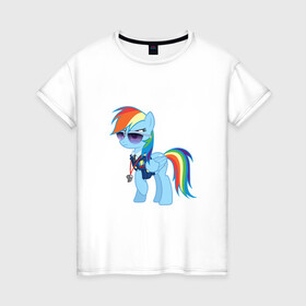 Женская футболка хлопок с принтом Pony - Rainbow Dash в Белгороде, 100% хлопок | прямой крой, круглый вырез горловины, длина до линии бедер, слегка спущенное плечо | applejack | friendship | mylittlepony | rainbow dash | twilight sparkle | waifu | вайфу | дружба это магия | кони | моя маленькая пони | мультфильм | пони | радуга | ренбоу деш | эплджек