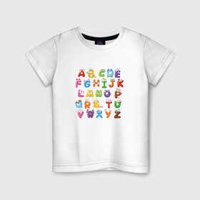 Детская футболка хлопок с принтом Английский Алфавит в Белгороде, 100% хлопок | круглый вырез горловины, полуприлегающий силуэт, длина до линии бедер | Тематика изображения на принте: алфавит | английский алфавит | буквы | буквы с глазами | красочные буквы | персонажи