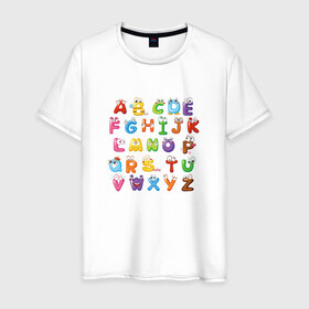 Мужская футболка хлопок с принтом Английский Алфавит в Белгороде, 100% хлопок | прямой крой, круглый вырез горловины, длина до линии бедер, слегка спущенное плечо. | алфавит | английский алфавит | буквы | буквы с глазами | красочные буквы | персонажи