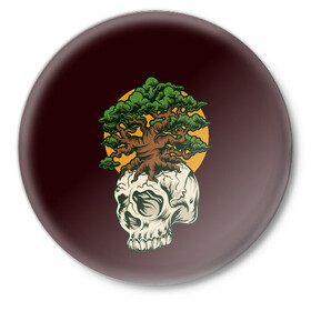 Значок с принтом Дерево растущее из черепа в Белгороде,  металл | круглая форма, металлическая застежка в виде булавки | hell | skull | ад | скелет | ужасы | череп | черепушка