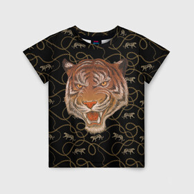 Детская футболка 3D с принтом Морда тигра в Белгороде, 100% гипоаллергенный полиэфир | прямой крой, круглый вырез горловины, длина до линии бедер, чуть спущенное плечо, ткань немного тянется | большая кошка | полосатый | тигр | тигрица | хищник