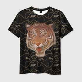 Мужская футболка 3D с принтом Морда тигра в Белгороде, 100% полиэфир | прямой крой, круглый вырез горловины, длина до линии бедер | большая кошка | полосатый | тигр | тигрица | хищник