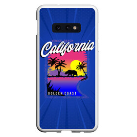 Чехол для Samsung S10E с принтом California golden coast в Белгороде, Силикон | Область печати: задняя сторона чехла, без боковых панелей | california | golden coast | гризли | закат | калифорния | медведь | пальмы | природа
