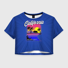 Женская футболка Crop-top 3D с принтом California golden coast в Белгороде, 100% полиэстер | круглая горловина, длина футболки до линии талии, рукава с отворотами | Тематика изображения на принте: california | golden coast | гризли | закат | калифорния | медведь | пальмы | природа