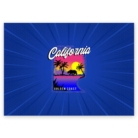 Поздравительная открытка с принтом California golden coast в Белгороде, 100% бумага | плотность бумаги 280 г/м2, матовая, на обратной стороне линовка и место для марки
 | california | golden coast | гризли | закат | калифорния | медведь | пальмы | природа