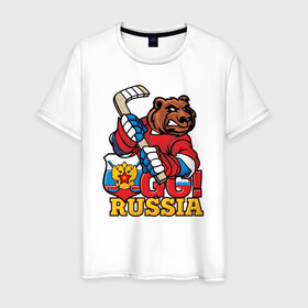 Мужская футболка хлопок с принтом Хоккей. Вперед Россия. в Белгороде, 100% хлопок | прямой крой, круглый вырез горловины, длина до линии бедер, слегка спущенное плечо. | Тематика изображения на принте: hockey | russia | клюшка | краснаямашина | россия | сборная | хоккей | шайба