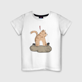 Детская футболка хлопок с принтом Кот в мешке в Белгороде, 100% хлопок | круглый вырез горловины, полуприлегающий силуэт, длина до линии бедер | cat | кот в мешке | кот из мема | рыжий котик | удивленный кошак