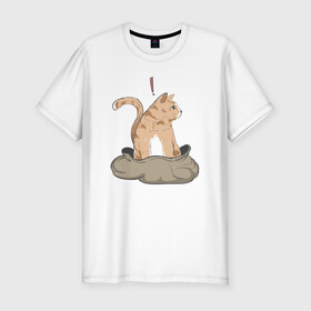 Мужская футболка хлопок Slim с принтом Кот в мешке в Белгороде, 92% хлопок, 8% лайкра | приталенный силуэт, круглый вырез ворота, длина до линии бедра, короткий рукав | cat | кот в мешке | кот из мема | рыжий котик | удивленный кошак