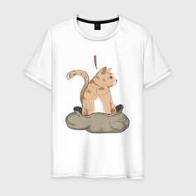 Мужская футболка хлопок с принтом Кот в мешке в Белгороде, 100% хлопок | прямой крой, круглый вырез горловины, длина до линии бедер, слегка спущенное плечо. | cat | кот в мешке | кот из мема | рыжий котик | удивленный кошак