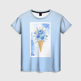 Женская футболка 3D с принтом Цветочный холодок в Белгороде, 100% полиэфир ( синтетическое хлопкоподобное полотно) | прямой крой, круглый вырез горловины, длина до линии бедер | градиент | мороженое | мрамор | облака | рожок | розы | цветы