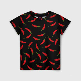 Детская футболка 3D с принтом Chili peppers в Белгороде, 100% гипоаллергенный полиэфир | прямой крой, круглый вырез горловины, длина до линии бедер, чуть спущенное плечо, ткань немного тянется | Тематика изображения на принте: chili peppers | горячий | еда | овощ | острый | перец чили | узор