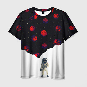 Мужская футболка 3D с принтом Мысли Космонавта в Белгороде, 100% полиэфир | прямой крой, круглый вырез горловины, длина до линии бедер | alien | dream | earth | galaxy | mars | moon | nasa | space | star | абстракция | вселенная | звезда | земля | космонавт | космос | луна | марс | мечта | наса | нло | планета | текстура | узор | художник