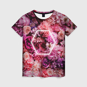 Женская футболка 3D с принтом ROSE | РОЗЫ в Белгороде, 100% полиэфир ( синтетическое хлопкоподобное полотно) | прямой крой, круглый вырез горловины, длина до линии бедер | rose | женская | любовь | молодежь | мужская | неон | розы | свобода