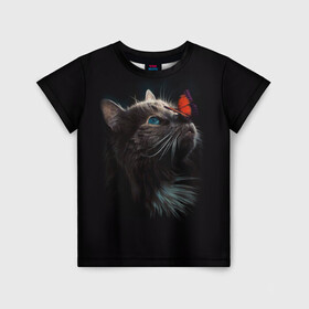 Детская футболка 3D с принтом Котик и бабочка в Белгороде, 100% гипоаллергенный полиэфир | прямой крой, круглый вырез горловины, длина до линии бедер, чуть спущенное плечо, ткань немного тянется | бабочка | бабочка на носу | животные | кот | котенок | кошка