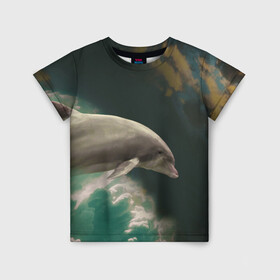 Детская футболка 3D с принтом Дельфин в облаках в Белгороде, 100% гипоаллергенный полиэфир | прямой крой, круглый вырез горловины, длина до линии бедер, чуть спущенное плечо, ткань немного тянется | дельфин | облака | плавник | полет | свобода