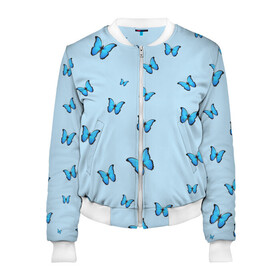 Женский бомбер 3D с принтом Синие бабочки в Белгороде, 100% полиэстер | застегивается на молнию, по бокам два кармана без застежек, мягкие манжеты, по низу бомбера и на воротнике — эластичная резинка | blue | butterfly | emoji | smile | бабочки | насекомые | эмоджи