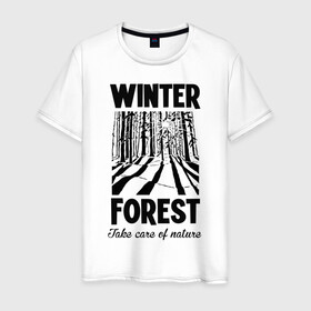 Мужская футболка хлопок с принтом Зимний лес в Белгороде, 100% хлопок | прямой крой, круглый вырез горловины, длина до линии бедер, слегка спущенное плечо. | forest | nature | snow | spruce | sun | winter | winter forest | ели | зима | зимний лес | лес | отдых на природе | природа | снег | солнце | сугробы | тени | туризм