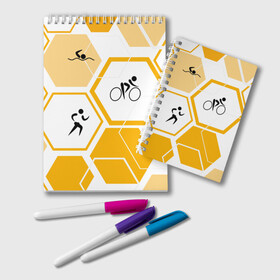 Блокнот с принтом Триатлон / Triathlon в Белгороде, 100% бумага | 48 листов, плотность листов — 60 г/м2, плотность картонной обложки — 250 г/м2. Листы скреплены удобной пружинной спиралью. Цвет линий — светло-серый
 | Тематика изображения на принте: ironman | tri | triathlon | бег | велосипед | велоспорт | выносливость | мультиспорт | плавание | сила | скорость | соты | спорт | три | триатлон | троеборье | цикличный