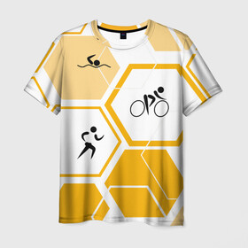 Мужская футболка 3D с принтом Триатлон / Triathlon в Белгороде, 100% полиэфир | прямой крой, круглый вырез горловины, длина до линии бедер | ironman | tri | triathlon | бег | велосипед | велоспорт | выносливость | мультиспорт | плавание | сила | скорость | соты | спорт | три | триатлон | троеборье | цикличный