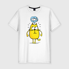 Мужская футболка хлопок Slim с принтом Кот мечтает о рыбе в Белгороде, 92% хлопок, 8% лайкра | приталенный силуэт, круглый вырез ворота, длина до линии бедра, короткий рукав | cat | kitty | киска | кот | котик | котэ | кошечка | кошка | пушистик