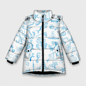 Зимняя куртка для девочек 3D с принтом Морская тема в Белгороде, ткань верха — 100% полиэстер; подклад — 100% полиэстер, утеплитель — 100% полиэстер. | длина ниже бедра, удлиненная спинка, воротник стойка и отстегивающийся капюшон. Есть боковые карманы с листочкой на кнопках, утяжки по низу изделия и внутренний карман на молнии. 

Предусмотрены светоотражающий принт на спинке, радужный светоотражающий элемент на пуллере молнии и на резинке для утяжки. | бескозырка | корабль | кораллы | краб | лодка | маяк | море | морская звезда | морская тема | морской набор | океан | отпуск | пальмы | парусник | приключение | путешествие | рыболовный крючок | рыбы