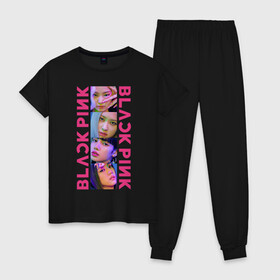 Женская пижама хлопок с принтом BLACKPINK Neon в Белгороде, 100% хлопок | брюки и футболка прямого кроя, без карманов, на брюках мягкая резинка на поясе и по низу штанин | black | blackpink | chae | jennie | jisoo | kim | kpop | lalisa | lisa | manoban | neon | park | pink | rose | young | дженни | джису | ён | ким | лалиса | лиса | манобан | неон | пак | розэ | че