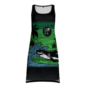 Платье-майка 3D с принтом Surf shark в Белгороде, 100% полиэстер | полуприлегающий силуэт, широкие бретели, круглый вырез горловины, удлиненный подол сзади. | shark | акула | вода | море | океан | остров | отпуск | пальмы | серфинг