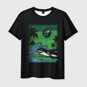 Мужская футболка 3D с принтом Surf shark в Белгороде, 100% полиэфир | прямой крой, круглый вырез горловины, длина до линии бедер | Тематика изображения на принте: shark | акула | вода | море | океан | остров | отпуск | пальмы | серфинг