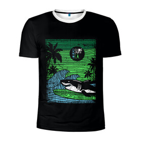 Мужская футболка 3D спортивная с принтом Surf shark в Белгороде, 100% полиэстер с улучшенными характеристиками | приталенный силуэт, круглая горловина, широкие плечи, сужается к линии бедра | shark | акула | вода | море | океан | остров | отпуск | пальмы | серфинг