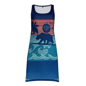 Платье-майка 3D с принтом Медведь на серфинге в Белгороде, 100% полиэстер | полуприлегающий силуэт, широкие бретели, круглый вырез горловины, удлиненный подол сзади. | волны | закат | медведь | море | океан | отдых | отпуск | пальмы | серфинг