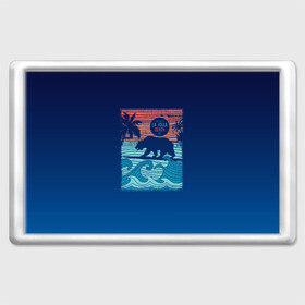 Магнит 45*70 с принтом Медведь на серфинге в Белгороде, Пластик | Размер: 78*52 мм; Размер печати: 70*45 | волны | закат | медведь | море | океан | отдых | отпуск | пальмы | серфинг